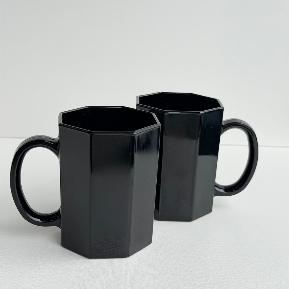 Vintage Arcoroc France Octime Mugs Set of Two‎ (2) Black Octagonal Glass MCM